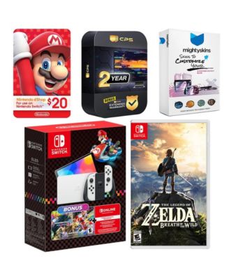 Switch OLED Console Mario Kart 8 Bundle with Legend of Zelda Breath of the Wild, Nintendo $20 eShop Gift Card, MightySkins Console and Contro