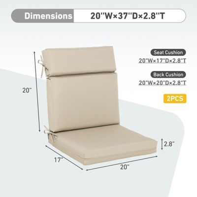 2Pcs Outdoor High Back Dining Chair Cushion Set, Fade and Water Resistant Polyester Fabric Cover with Ties and Zipper, 20'' × 37''