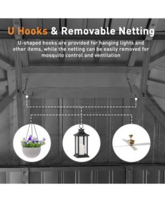 10 x 12 ft Wooden Frame Gazebo with 2-Tier Galvanized Metal Hardtop Roof, Outdoor Patio Gazebo with Charging Socket