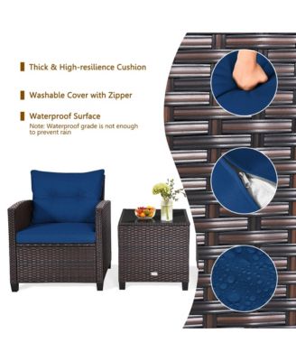 3PCS Outdoor Patio Rattan Conversation Set Garden Yard w/ Navy Cushions