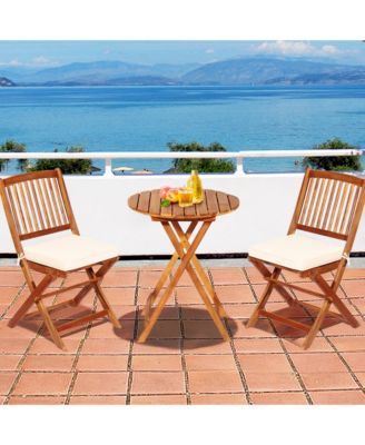 3PCS Folding Acacia Wood Bistro Set Patio Conversation Set w/ Cushions