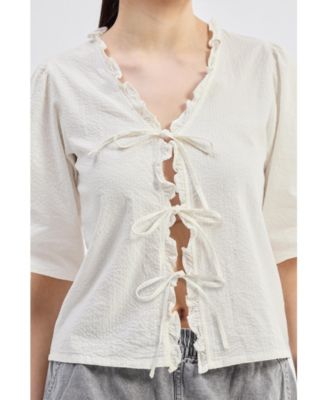 Women's Relaxed Fit Top With Ruffles and Front-Ties in Cream
