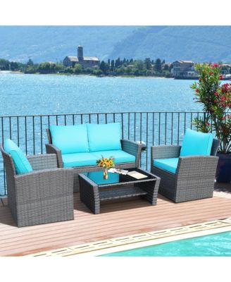 4PCS Patio Rattan Conversation Set Outdoor Furniture Set w/ Turquoise Cushions