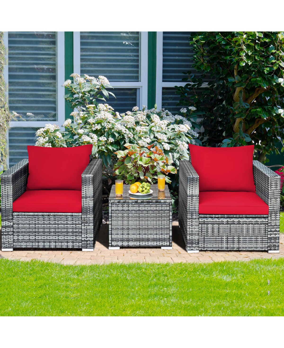 Gymax 3PCS Rattan Patio Conversation Furniture Set Outdoor Yard w/ Cushion