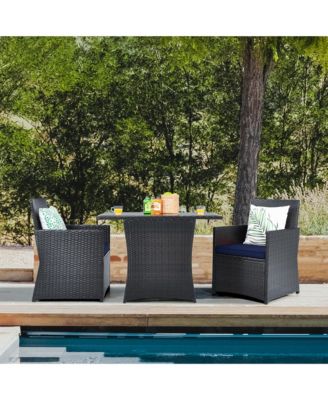 3PCS Patio Wicker Bistro Set PE Rattan Dining Table Set w/ Navy Cushions