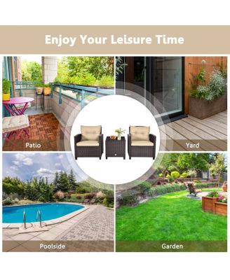 3PCS Patio Outdoor Rattan Conversation Set w/ Coffee Table Cushion