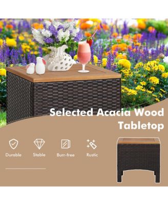 3 Piece Patio Bistro Set PE Rattan Conversation Furniture Set  w/ Acacia Wood Tabletop