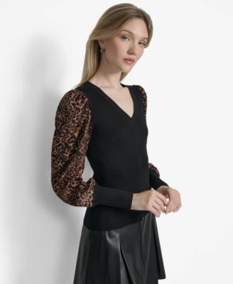 Women's V-Neck Rib-Knit Satin-Long-Sleeve