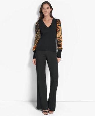 Women's V-Neck Rib-Knit Satin-Long-Sleeve
