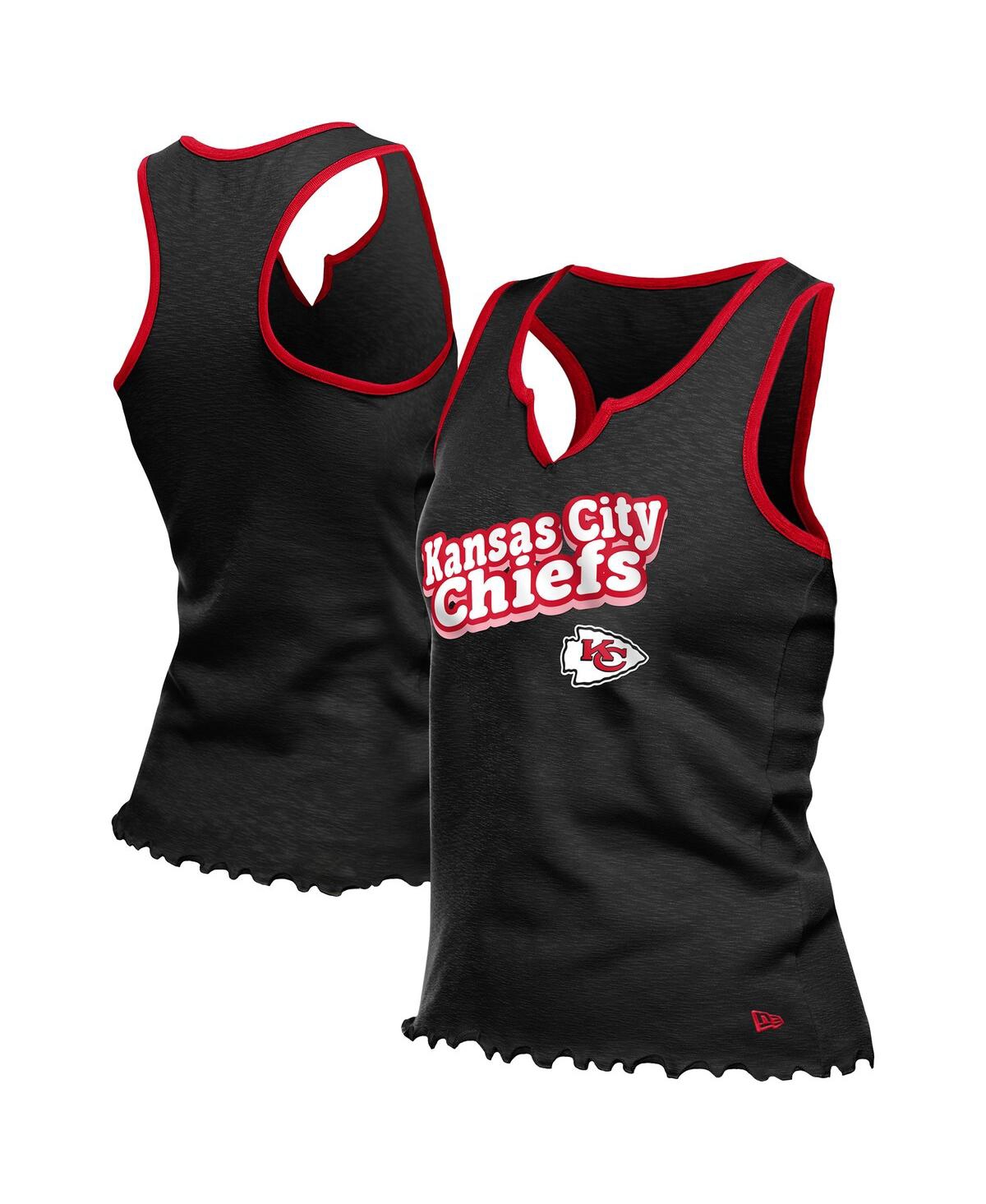 New Era Women's Black Kansas City Chiefs Lettuce Hem Notch Neck Tri-blend Tank Top In Black