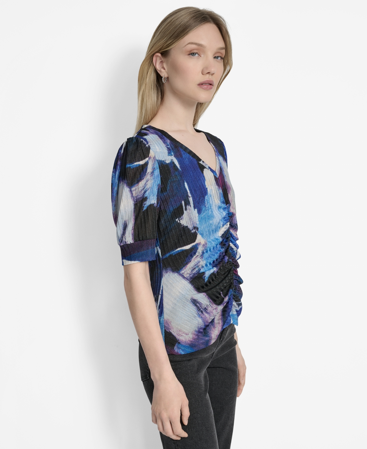 Dkny Print Ruched Puff Sleeve Top