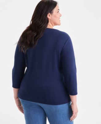 売れ筋商品|||スタイルアンドコー カットソー トップス レディース Women's Short-Sleeve Cotton Henley Top, PXS - 4X, Exclusively at Macy's Deep Black 32261374_fpx.tif?$filterlrg$&