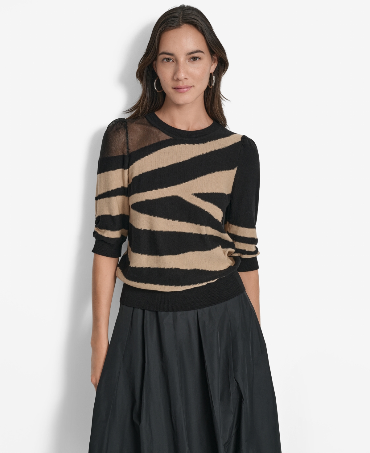 Dkny Zebra Stripe Three-quarter Sleeve Sweater In Black