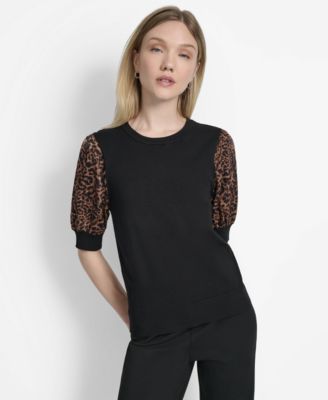 DKNY - Women's Mixed-Media Printed-Sleeve Top