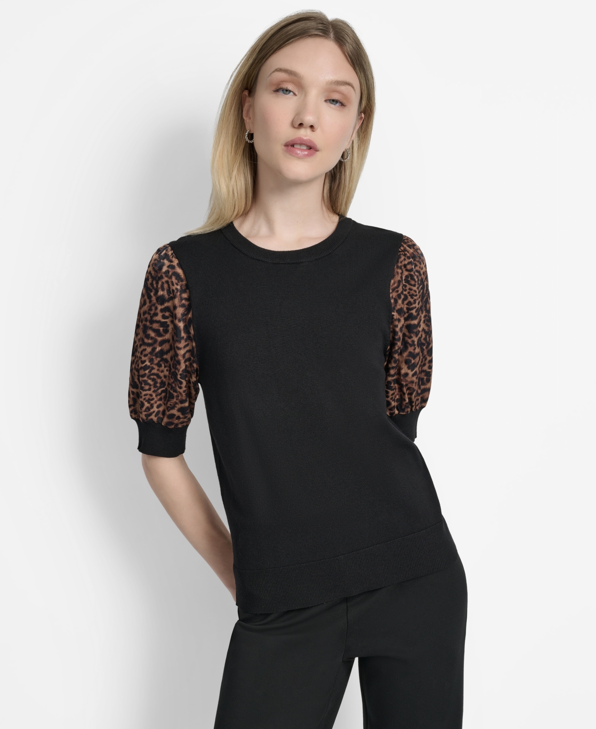Women's Mixed-Media Printed-Sleeve Top - Black/compact Cheetah