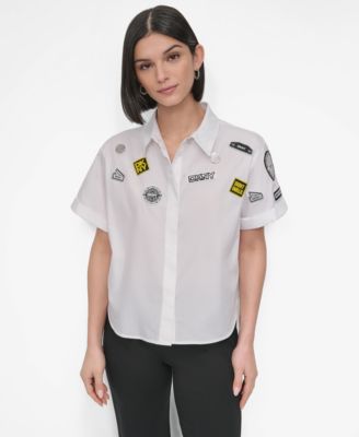 DKNY - Women's Cotton Collared Pins & Patch Blouse