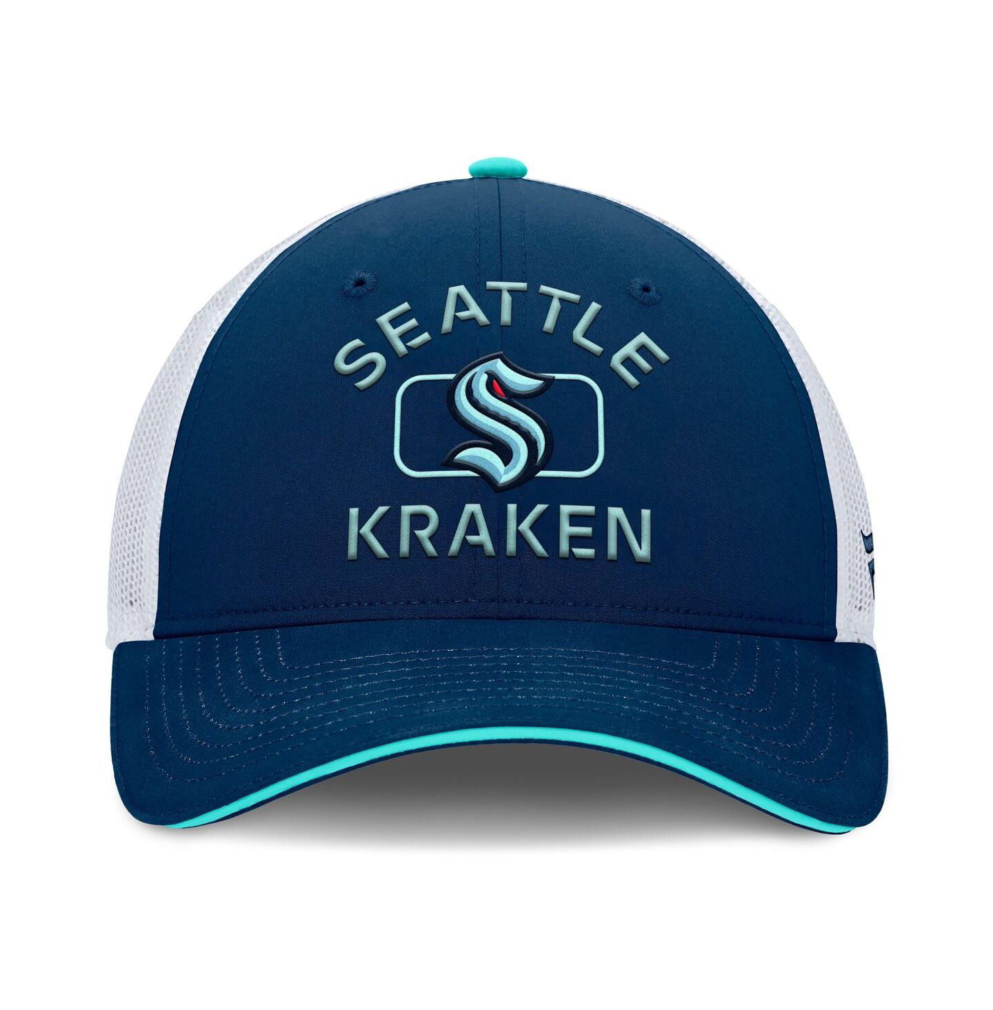 Мужская кепка Fanatics Deep Sea Blue/White Seattle Kraken Authentic Pro Rink Trucker Hat — фото 2