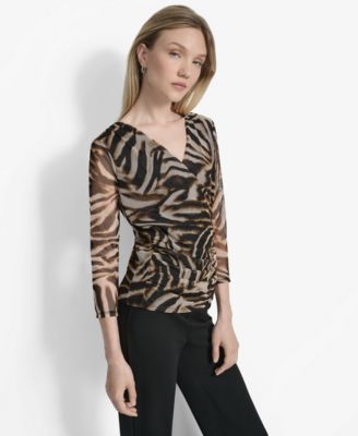 Women's 3/4-Sleeve Printed Mesh V-Neck Top 