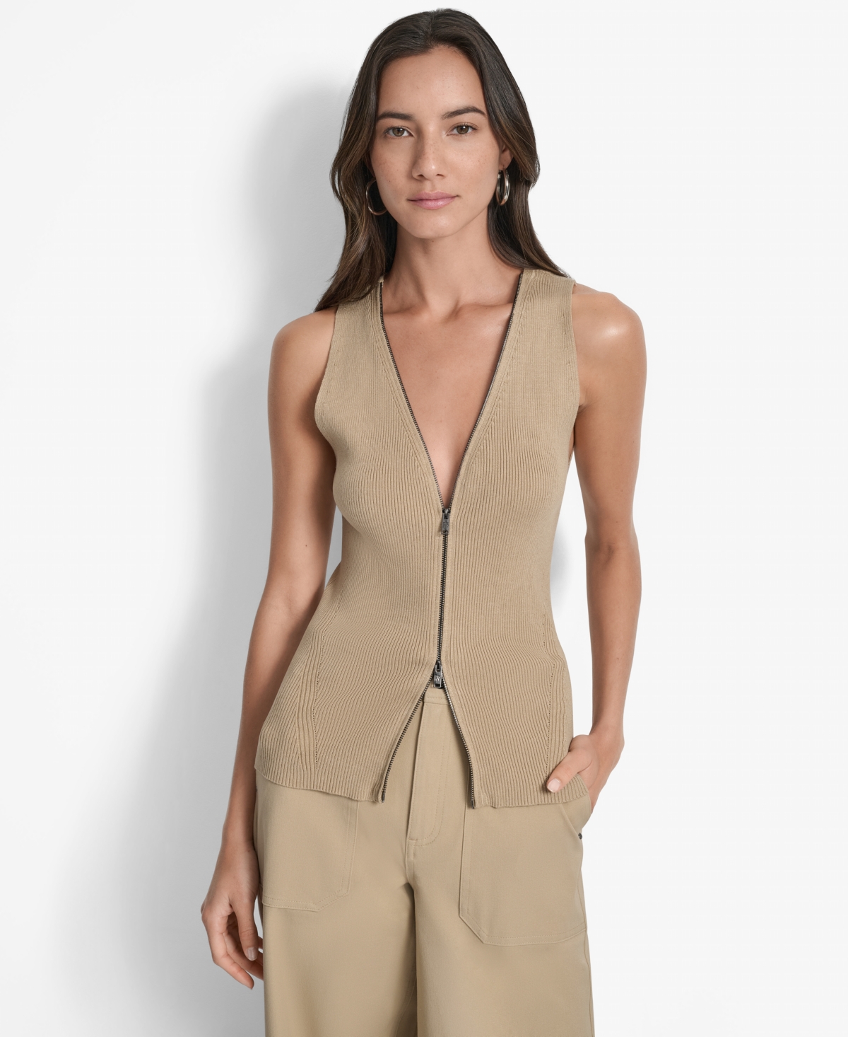 Dkny Women's Two-way Zipper Sleeveless Sweater In Brown