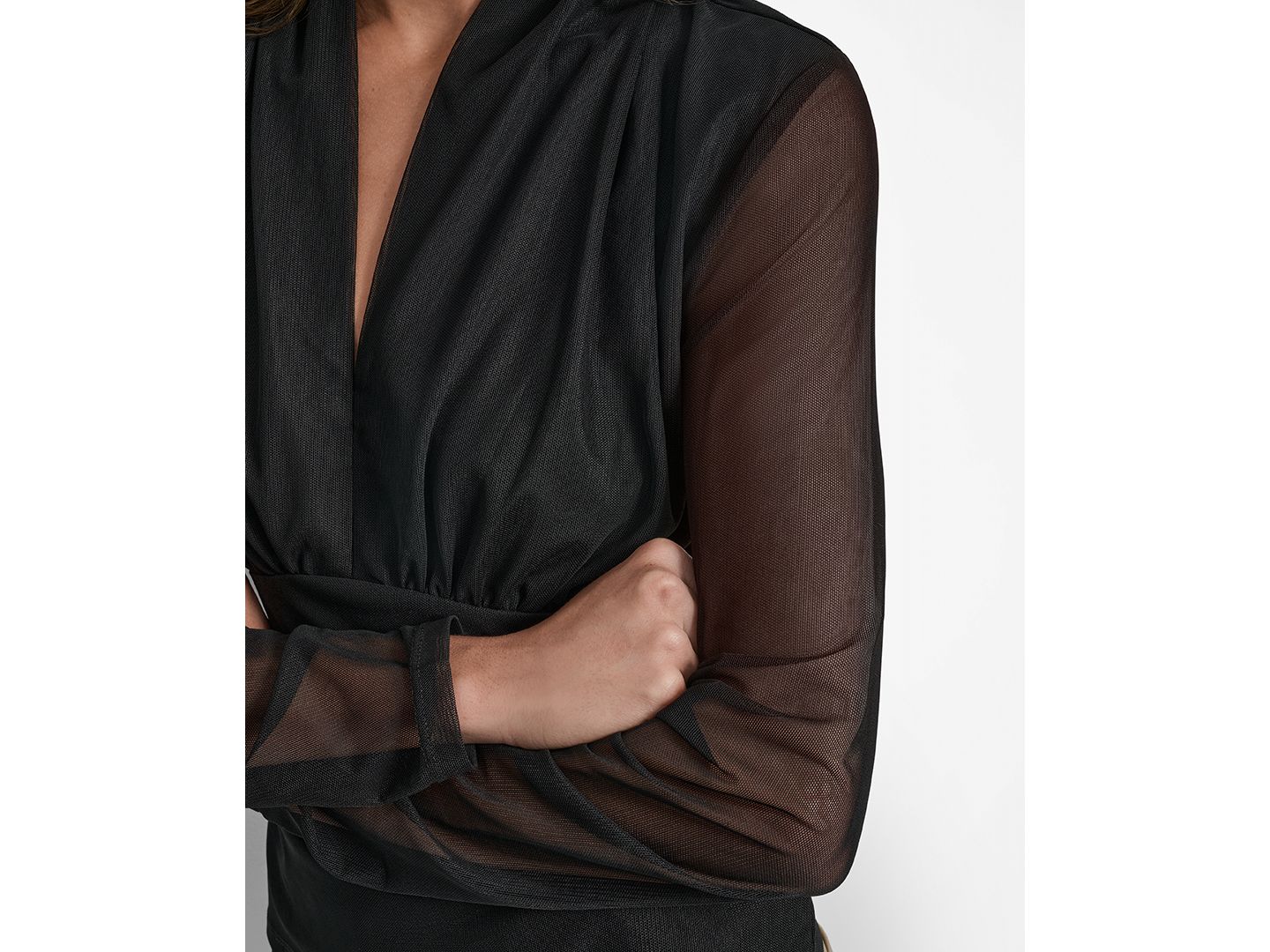 Женский топ DKNY из сетки с V-образным вырезом и длинным рукавом, цвет: Чёрный — фото 4