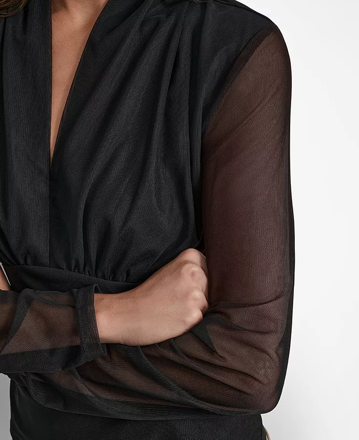 Women's Mesh V-Neck Long-Sleeve Top - thumbnail 4