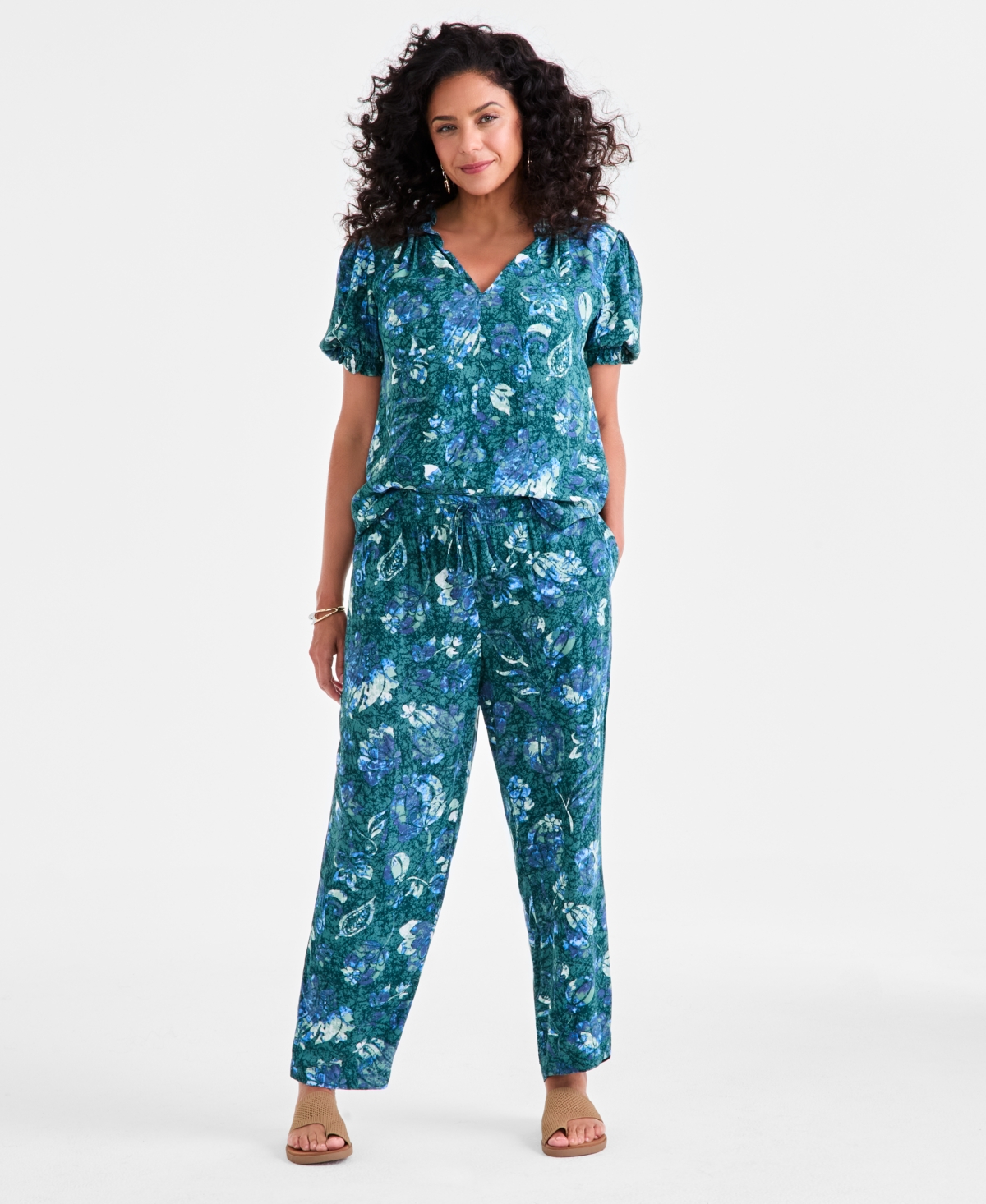 Women's Printed Drawstring-Waist Pull-On Pants, Macy's Exclusive - Jungle Floral Sea