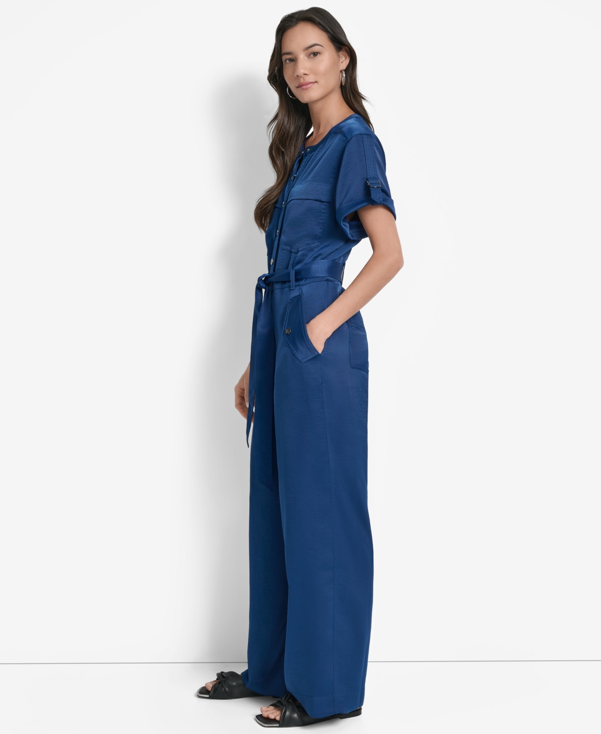Dkny Women's Weathered Twill Snap-front Utility Jumpsuit In Blue