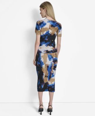 Dkny Womens Printed Mix Rib Short Sleeve Sweater Printed Rib Knit Midi Skirt