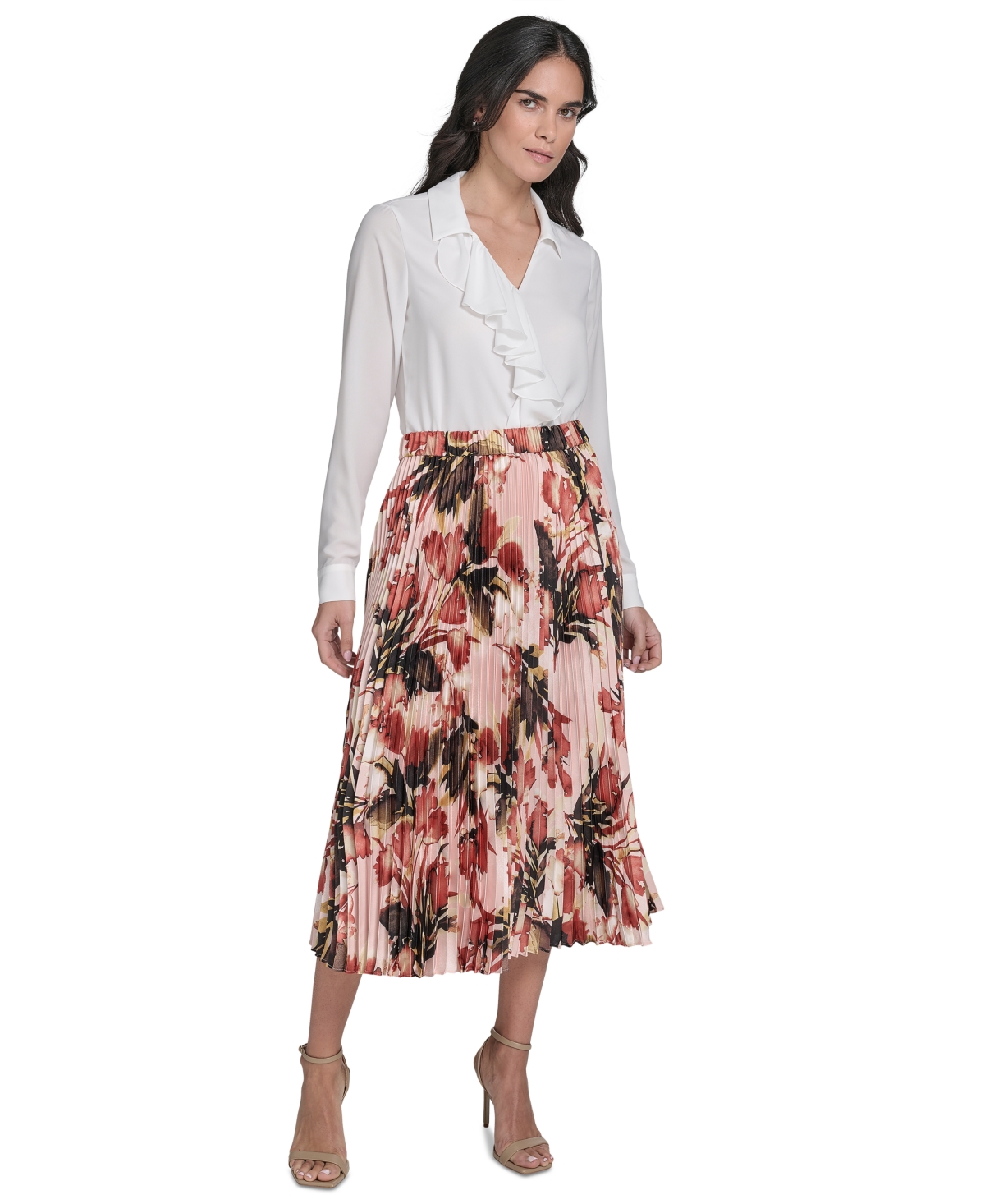 Calvin Klein Petite Printed Pleated Midi Skirt In Multi
