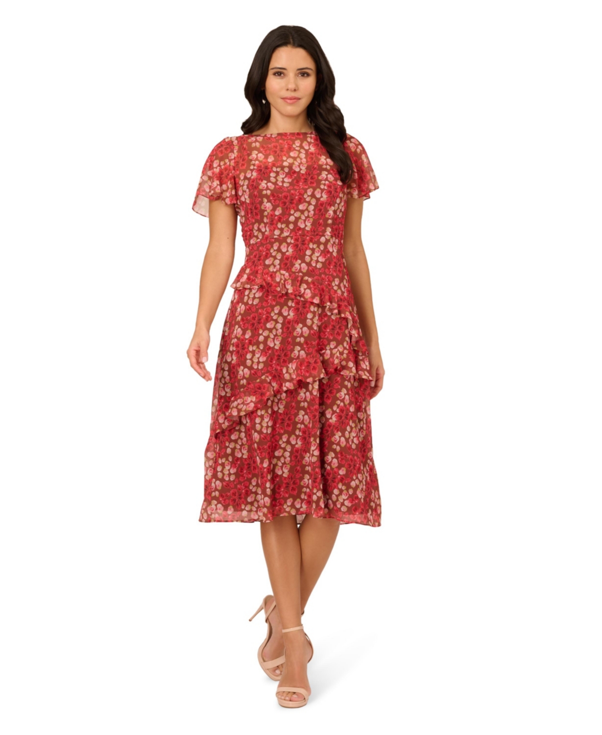 Women's Printed Chiffon Midi Dress - Mocha Multi