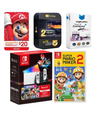Switch OLED Console Mario Kart 8 Bundle with Mario Maker 2, Nintendo $20 eShop Gift Card, MightySkins Console and Controller Skin Voucher, an