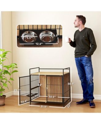 Dog Crate Furniture 30 in Dog Kennel Table with Rotatable Bowls,