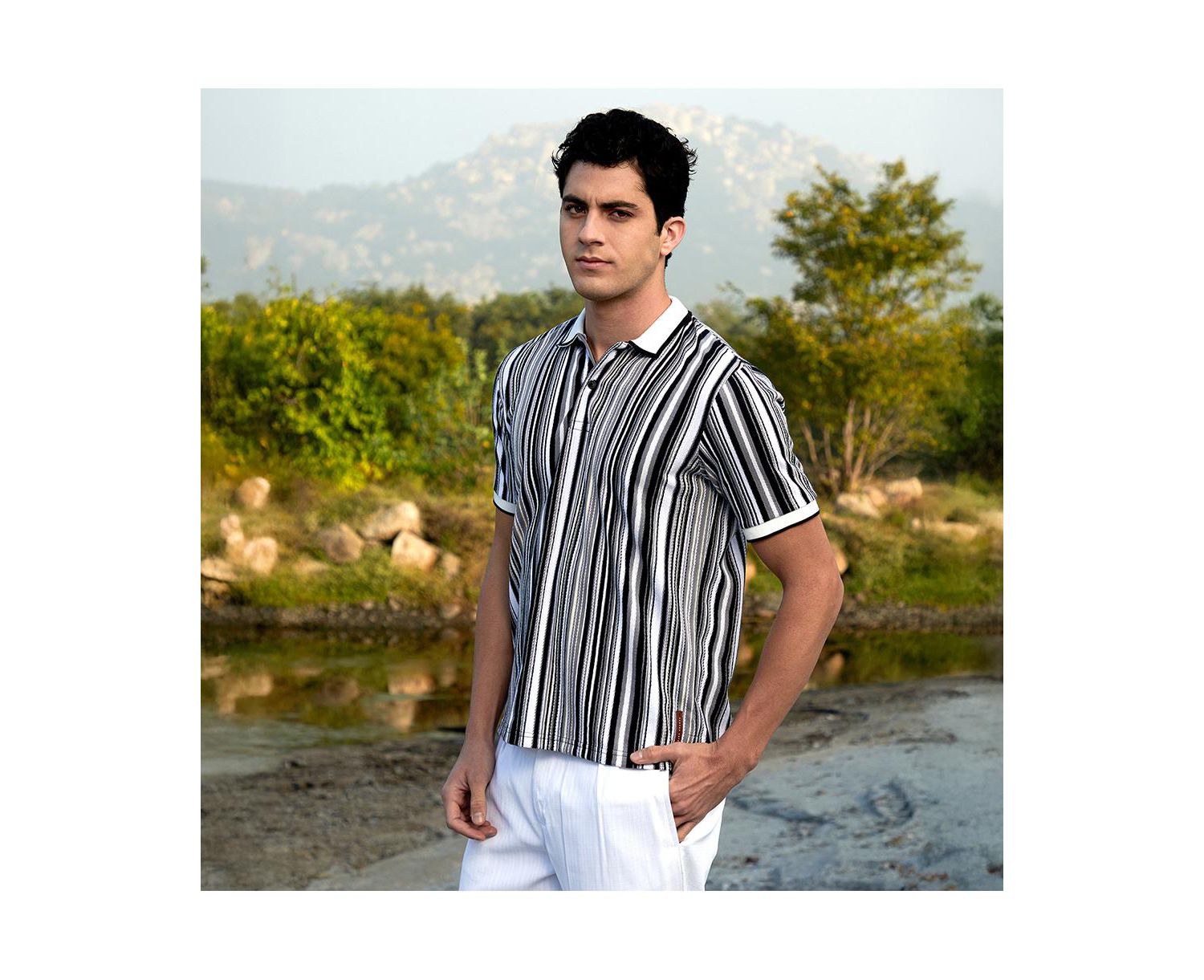 Men's Cream White and Midnight Black Multitrack Knit Polo T-Shirt