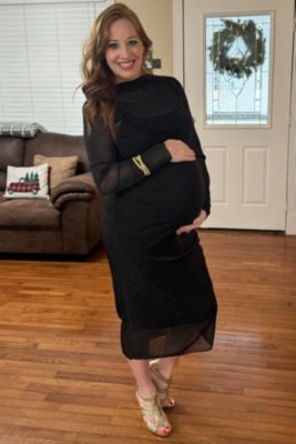 Maternity Black Shimmer Mesh Long Sleeve Ruched Midi Dress