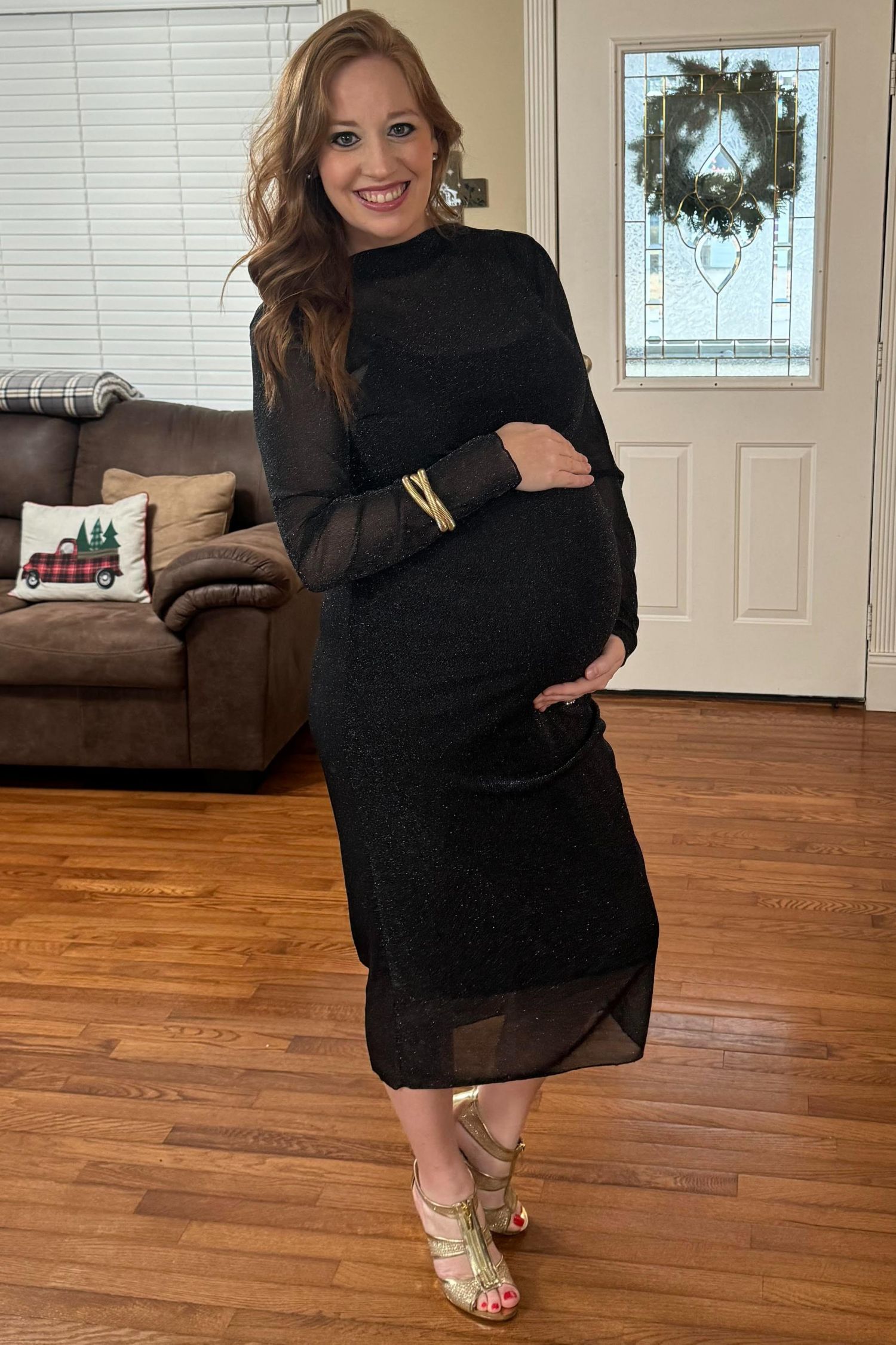 Women's Brown Shimmer Mesh Long Sleeve Ruched Midi Dress