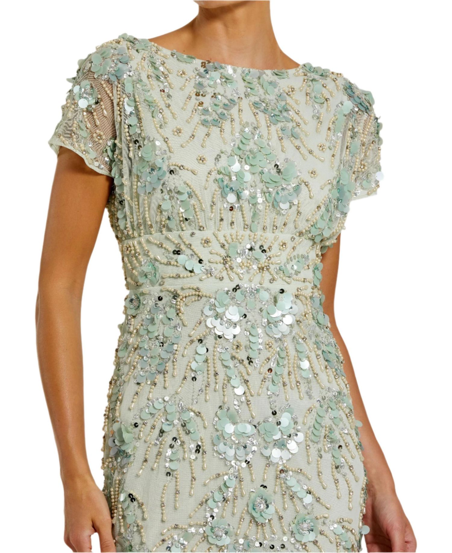 Women's Embellished Mesh Fitted Short Sleeve Midi Dress