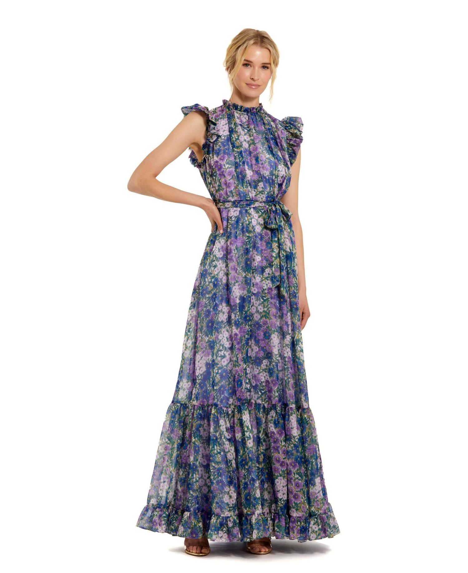 Women's Belted Floral Chiffon Ruffle Sleeve Gown