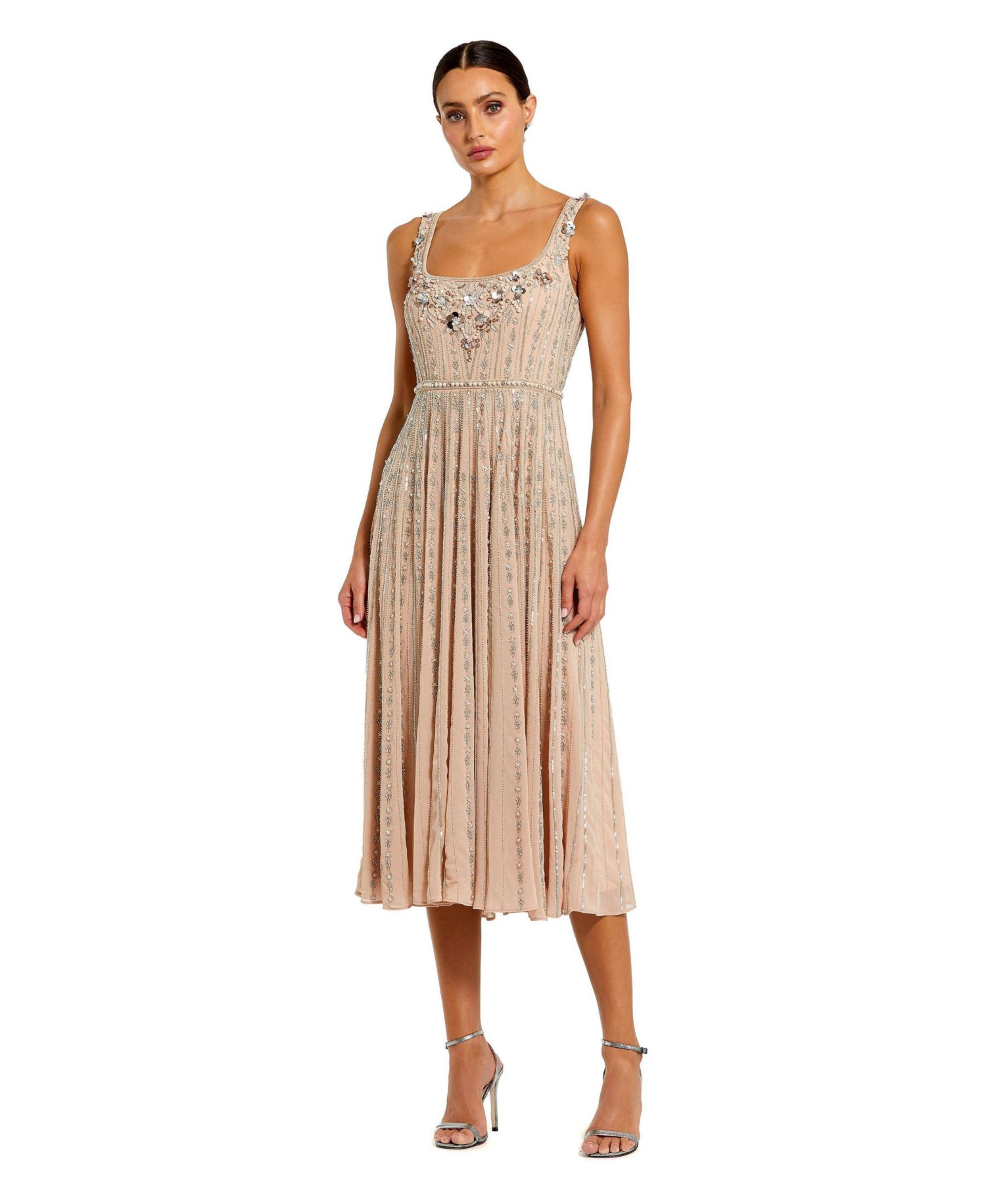 Women's Sleeveless Scoop Neck Beaded Georgette Midi Dress