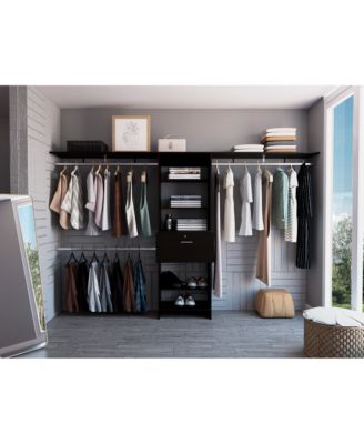 Zamora 70"W - 118"W Closet System, Three Hanging Rods, Five Shelves, One Drawer, Black