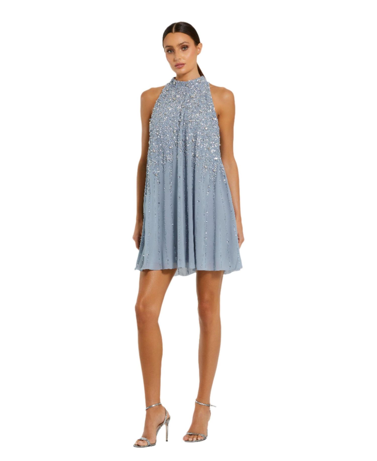 Women's High Neck Sleeveless Sequin Embellished Trapeze A-line Dress