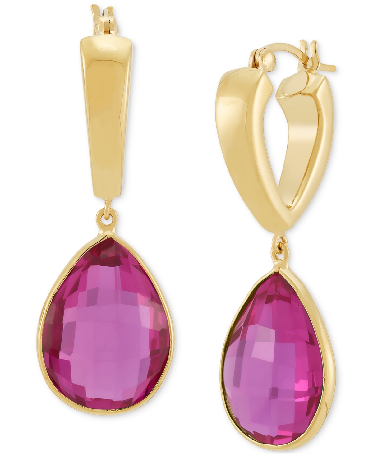 Macy's Lab-created Pink Sapphire Dangle Hoop Earrings (22-3/4 Ct. T.w.) In 24k Gold-plated Sterling Silver  In Pink
