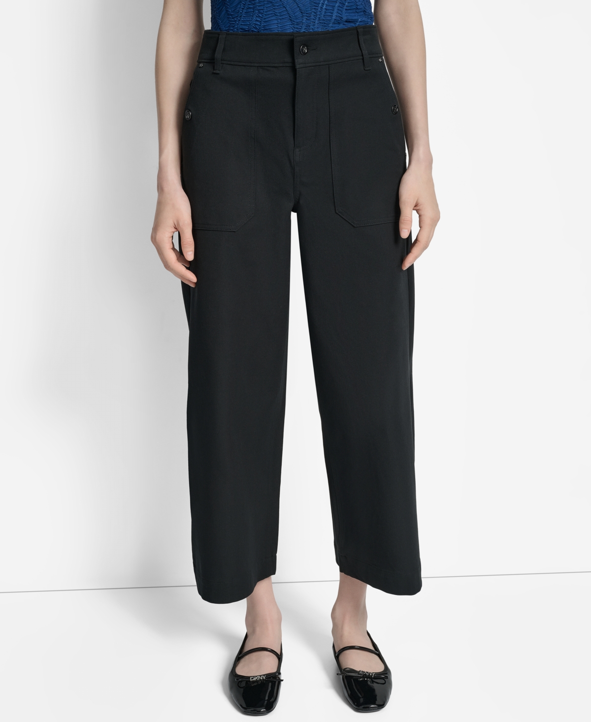 Dkny Button Pocket Crop Wide Leg Pants In Black