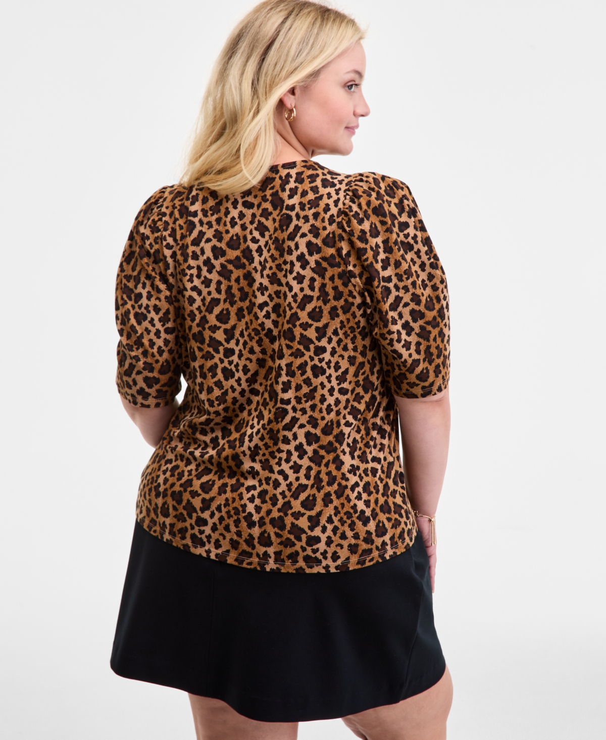 On 34th Trendy Plus Printed Ruched Puff-sleeve Crewneck Top, Macy's Exclusive In Animal Print