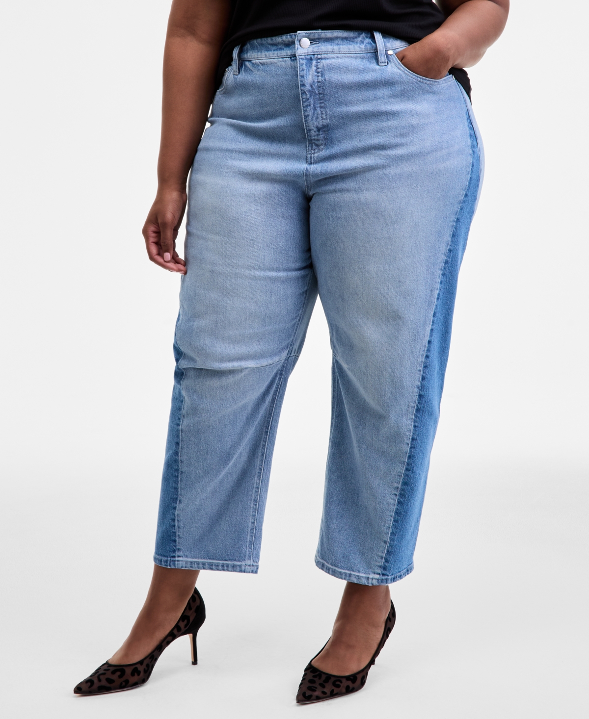 On 34th Trendy Plus Two-tone Cropped Barrel Jeans, Macy's Exclusive In Blue