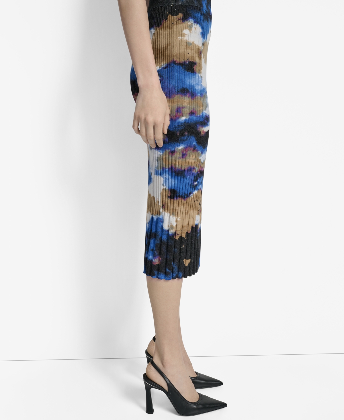 Dkny Womens Printed Mix Rib Short Sleeve Sweater Printed Rib Knit Midi Skirt In Multi