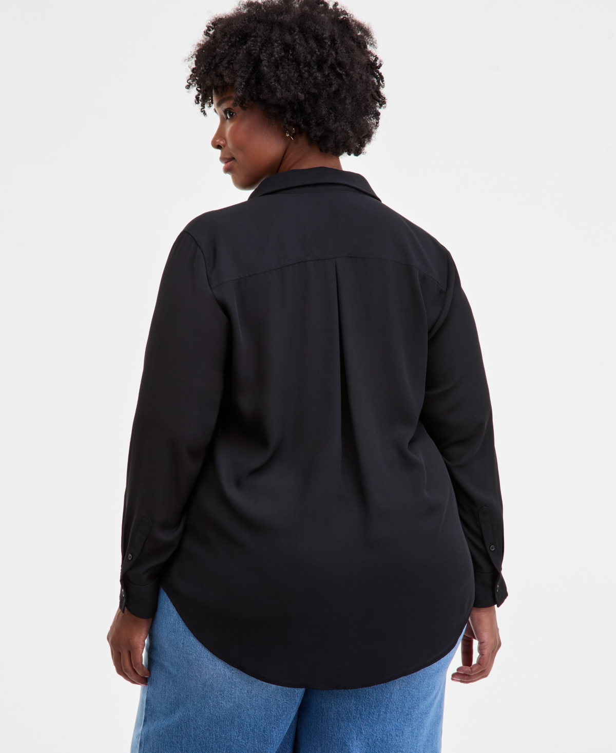 On 34th Trendy Plus Solid Button-front Collared Blouse, Macy's Exclusive In Blue