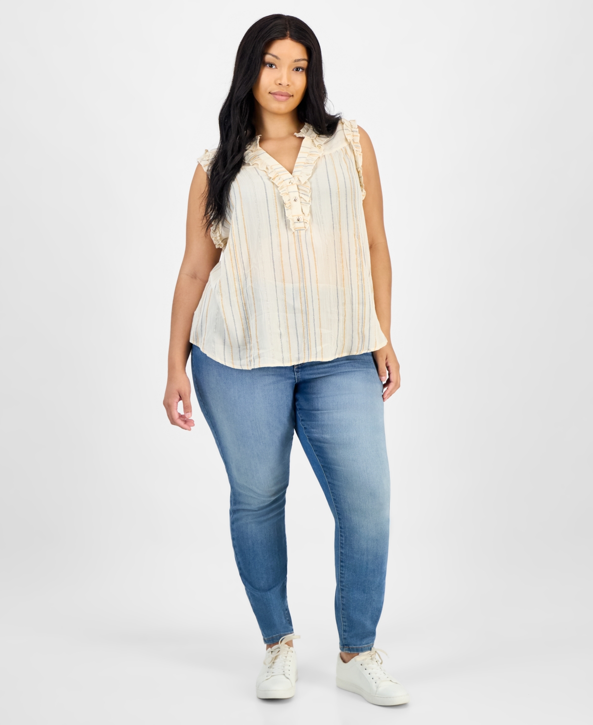 Democracy Trendy Plus Size Ruffled Sleeveless Top In Multi