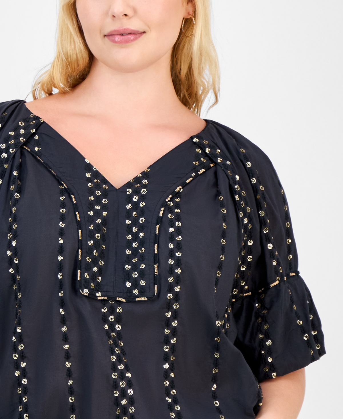 Democracy Trendy Plus Cotton Floral-trim Bubble-sleeve Blouse In Blue
