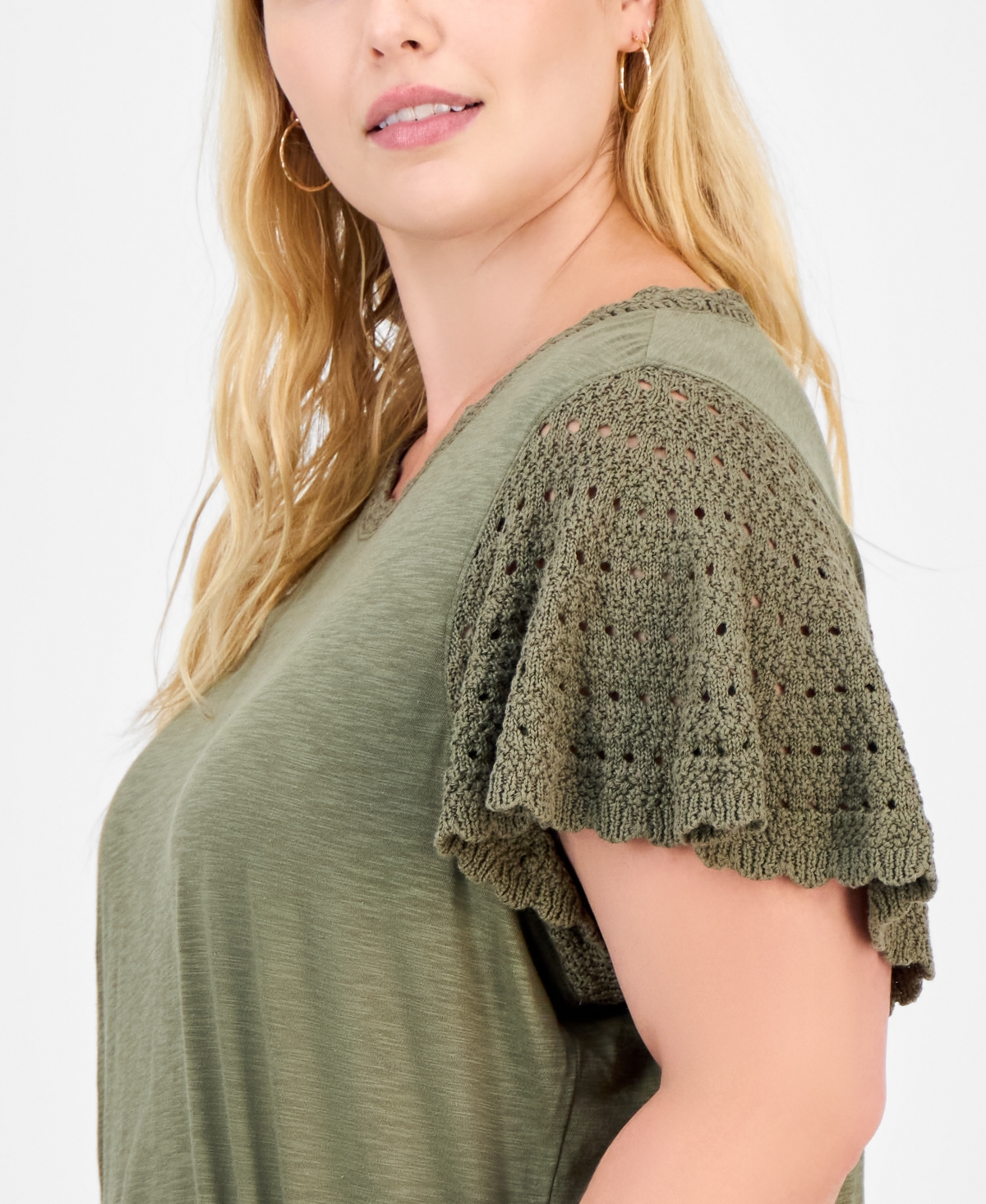 Democracy Trendy Plus Crochet Flutter-sleeve Top In Green
