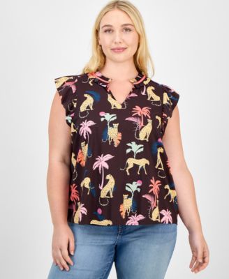 Trendy Plus Printed Split-Neck Flutter-Sleeve Top